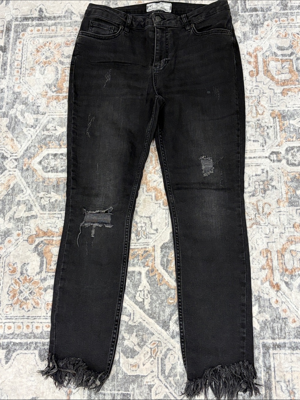 Free People Distressed High-Rise Black Skinny Jeans with Frayed Hem